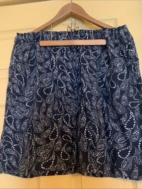 Per Se Linen Midi Skirt Navy Blue White Paisley Beach Boho Summer Coastal